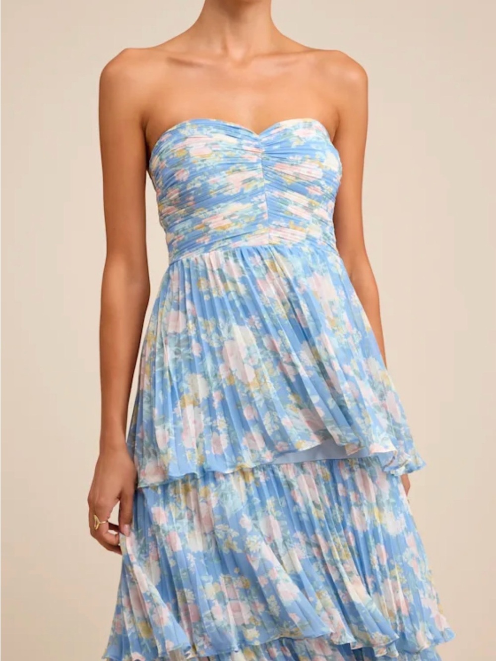 Lulu's Seriously Sensational Blue Floral Strapless Tiered Maxi Dress - Picture 6 of 8
